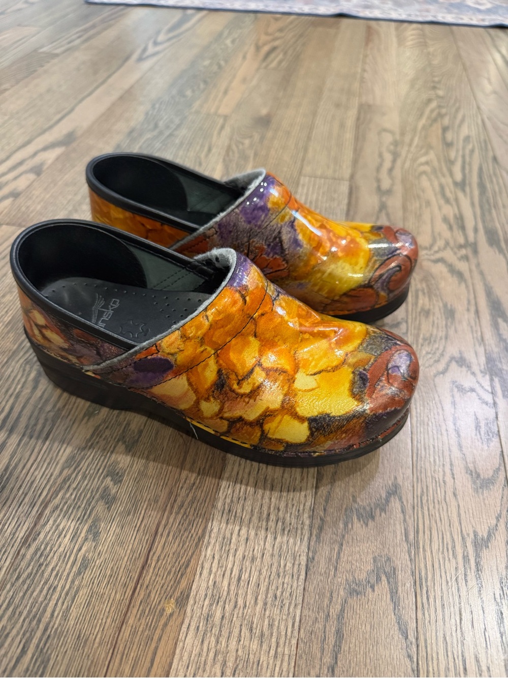 Dansko Yellow Floral Patent Leather Clogs